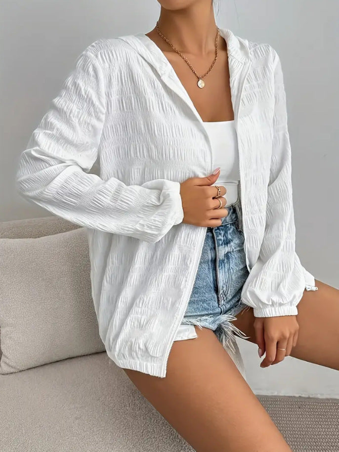 Solid Color Casual Zipper Long Sleeve Sun Protection Hooded Top Jacket For Women